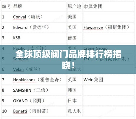 全球顶级阀门品牌排行榜揭晓！